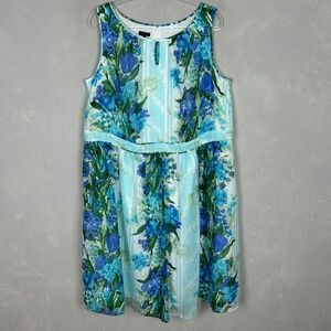 Talbots midi dress size 16W sleeveless fit & flare blue floral chiffon lined